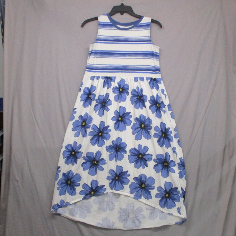 Tea A-Line Hi-Low Dress Stripe Top Floral Bottom White‎ & Blue Women Size | 12